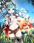 armor axe blue_eyes blue_hair breasts broken_armor cloud cosplay day grass heart long_hair looking_at_viewer navel original outdoors sky small_breasts smile solo the_wizard_of_oz tin_(wsp85205) tin_man tin_man_(cosplay) underboob visor_(armor) weapon windmill 