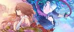  blue_eyes brown_hair diamond_dust dual_persona final_fantasy final_fantasy_x final_fantasy_x-2 flower highres md5_mismatch multiple_girls profile rotational_symmetry short_hair upside-down yuna_(ff10) 