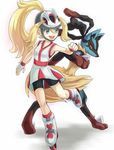  arigato_(rmskrtkdlqj) bare_shoulders bicycle_helmet bike_shorts blonde_hair fingerless_gloves gen_4_pokemon gloves gym_leader helmet koruni_(pokemon) long_hair lucario mega_lucario mega_pokemon open_mouth pokemon pokemon_(creature) pokemon_(game) pokemon_xy ponytail roller_skates skates 