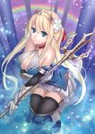  blonde_hair blue_eyes boots breasts cleavage crown flower garter_straps gauntlets hair_ornament large_breasts long_hair original pleated_skirt polearm rainbow ray-akila skirt solo thighhighs trident weapon 