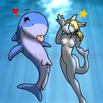  &lt;3 anthro anus blonde_hair blue_body blush breasts duo eyes_closed female feral fin fish gills hair hairband long_hair marine navel nipples nude pussy raised_arm shark slushy star swimming tongue tongue_out underwater water white_body 