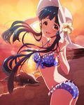  artist_request beach bikini blue_hair blush bracelet breasts cleavage frilled_bikini frills front-tie_top hat idolmaster idolmaster_million_live! jewelry kitakami_reika lens_flare long_hair looking_at_viewer medium_breasts necklace official_art open_mouth solo strap_gap sun_hat sunset swimsuit yellow_eyes 