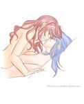  blue_hair couple girl_on_top imminent_kiss laikaken lehaiah lying multiple_girls nude on_back on_person original pillow red_hair scion simple_background upper_body wavy_hair white_background yuri 