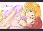  bad_id bad_pixiv_id blonde_hair blush breasts collarbone copyright_name flower green_eyes hair_flower hair_ornament looking_at_viewer matsurika_(j297021302) medium_breasts multiple_girls parted_lips red_eyes red_hair sakura_trick sonoda_yuu takayama_haruka yuri 