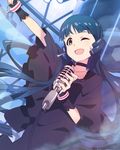  ;d artist_request blue_hair bracelet earrings idolmaster idolmaster_million_live! jewelry kitakami_reika microphone official_art one_eye_closed open_mouth smile yellow_eyes 