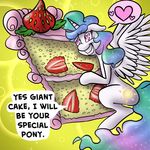 abstract_background cake cutie_mark dialog english_text equine fauxsquared female feral food friendship_is_magic fur hair hi_res horn horse hug mammal multi-colored_hair my_little_pony open_mouth pony princess_celestia_(mlp) shaded smile solo spread_wings strawberry text toony white_fur winged_unicorn wings 
