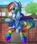  back_turned blue_fur building clothing condom condom_in_mouth cutie_mark equine eyelashes female feral friendship_is_magic fur hair horse long_hair looking_at_viewer mammal mouth_hold multi-colored_hair my_little_pony outside pegasus pony purple_eyes pussy rainbow_dash_(mlp) rainbow_hair rainbowscreen school_uniform schoolgirl_uniform skirt socks solo tree upskirt wings 