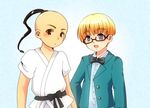  2boys blonde_hair blue_background blush child freckles glasses jeff_andonuts male male_focus mother_(game) mother_2 multiple_boys oginy open_mouth poo simple_background 