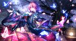  ahoge alternate_costume bug butterfly cherry_blossoms colorful insect japanese_clothes kimono open_mouth pink_hair ribbon ryosios saigyouji_yuyuko saigyouji_yuyuko_(living) short_hair solo stone_lantern touhou tree yellow_eyes 