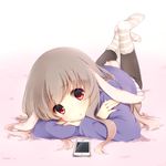  animal_ears brown_hair bunny_ears bunny_tail cellphone crossed_arms fluffy_legwear long_hair lying no_shoes nukochan on_stomach original pantyhose phone red_eyes rug smartphone socks socks_over_pantyhose solo sweater tail 