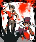  1girl bandaged_hands bandages baseball_bat blood crossover dog_tags dress gloves hat headset holding holding_baseball_bat holding_weapon mechanical_arms nail nail_bat orange_hair peacock_(skullgirls) red_eyes sharp_teeth short_hair silhouette skullgirls smile team_fortress_2 teeth the_scout top_hat weapon yan531 