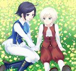  1boy 1girl ash_crimson blue_hair boots child couple ears elisabeth_blanctorche flower grass green_eyes hips king_of_fighters knees legs oginy outdoors purple_eyes shoes short_hair sitting smile snk white_hair 