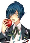  ai-wa apple blue_eyes blue_hair food fruit hair_over_one_eye headphones male_focus open_mouth persona persona_3 school_uniform solo yuuki_makoto 