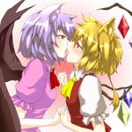  bat_wings blonde_hair clothing crystal eye_contact fangs female flandre_scarlet french_kissing hair incest kissing lesbian red_eyes remilia_scarlet saliva short_hair sibling side_ponytail silver_hair sister soubi touhou vampire wings wolf_ears 