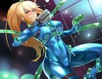  blonde_hair blue_eyes blush bodysuit breasts clenched_teeth covered_nipples gun handgun highres hijiri large_breasts metroid navel pistol restrained samus_aran skin_tight slime solo_focus teeth tentacles weapon zero_suit 