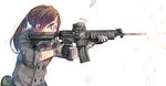  assault_rifle blue_eyes brown_hair casing_ejection daito earplugs firing glasses gloves gun jacket m4_carbine muzzle_flash original ponytail rapid-fire rifle scarf school_uniform shell_casing short_hair sleeves_rolled_up solo weapon 