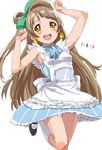  :d arms_up blush bow brown_eyes brown_hair dress dressing earrings hair_bow jewelry jumping korekara_no_someday long_hair looking_at_viewer love_live! love_live!_school_idol_project minami_kotori one_side_up open_mouth smile solo tetsujin_momoko 