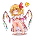  1girl barefoot blonde_hair bloomers blush commentary_request feet flandre_scarlet full_body hair_ribbon nibi red_eyes ribbon short_hair side_ponytail simple_background slit_pupils solo squatting touhou underwear white_background wings 