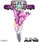  antenna_hair aqua_eyes aqua_hair boots breasts character_name chinese_clothes copyright_name cosplay engrish garter_straps highres judge_martin june_lin_milliam june_lin_milliam_(cosplay) large_breasts morrigan_aensland pink_legwear ranguage solo star_gladiator thighhighs vampire_(game) white_background 