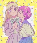  2girls arms_behind_back blonde_hair blue_bow blue_skirt bow brown_eyes closed_eyes fujinomiya_chitose hairband imminent_kiss jacket kingyo_chuuihou! long_hair maiko_(setllon) multiple_girls own_hands_clasped own_hands_together pink_hair pink_hairband purple_jacket purple_skirt sailor_collar school_uniform shirt short_hair skirt wapiko white_shirt yuri 