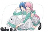  2girls alternate_costume apron black_footwear blue_eyes blue_hair bocchi_the_rock! closed_mouth commentary_request dress elbow_rest enmaided expressionless frilled_apron frills full_body gotoh_hitori green_dress hair_between_eyes hakidame_(hkdm_aka_283) hand_on_another&#039;s_shoulder highres kneeling knees_up long_hair long_sleeves looking_at_viewer maid maid_apron maid_headdress mary_janes multiple_girls puffy_short_sleeves puffy_sleeves shoes short_hair short_sleeves simple_background sitting socks very_long_hair white_apron white_background white_socks yamada_ryo yellow_eyes yuri 