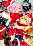  2girls alto2019 blonde_hair bottle cake christmas cup drinking_glass food food_in_mouth gap_(touhou) gingerbread_man hat hat_ribbon highres long_hair marker_(medium) multiple_girls pink_eyes pink_hair purple_eyes red_ribbon ribbon saigyouji_yuyuko sample_watermark santa_costume santa_hat touhou traditional_media turkey_(food) watermark yakumo_yukari 