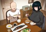  1boy 1girl 6no1 bald black_hair black_sweater breasts chopsticks eating fish_(food) food fubuki_(one-punch_man) green_eyes highres holding holding_chopsticks indoors large_breasts microwave miso_soup one-punch_man rice saitama_(one-punch_man) shirt short_hair smile sweater t-shirt vegetable white_shirt 