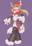 2023 4_toes 5_fingers anthro arcadia_(oneggiri) areola armwear bell bell_choker big_hands black_clothing black_legwear black_thigh_highs blonde_hair breasts bridal_gauntlets canid canine canis choker claws clothing countershade_fur countershading digital_drawing_(artwork) digital_media_(artwork) eyebrows fangs feet female finger_claws fingers flat_colors full-length_portrait fur gradient_hair grey_body grey_fur grey_sclera hair harness hi_res hindpaw huge_hands inner_ear_fluff jewelry leg_stripes legwear looking_at_viewer mammal markings necklace nipples onigiriad open_mouth open_smile panties pawpads paws pink_areola pink_inner_ear pink_nipples pink_pawpads pink_tongue plantigrade portrait purple_background red_choker red_clothing red_hair red_harness red_jewelry red_markings red_necklace red_panties red_underwear simple_background smile solo tail teeth thigh_highs toe_claws toes tongue tuft twintails_(hairstyle) underwear white_body white_countershading white_eyebrows white_fur white_inner_ear_fluff wolf