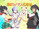  4girls anniversary asuka_(senran_kagura) bandaged_arm bandages black_hair blonde_hair blue_hair blush breasts brown_eyes brown_hair cleavage closed_mouth confetti covered_navel dress flower green_eyes grey_eyes hair_flower hair_ornament homura_(senran_kagura) large_breasts long_hair looking_at_viewer multicolored_hair multiple_girls non-web_source official_art one_eye_closed open_mouth panties pantyshot ponytail red_eyes sash senran_kagura senran_kagura_new_link simple_background skirt smile suiren_(senran_kagura) thighhighs translation_request underwear yaegashi_nan yumi_(senran_kagura) 