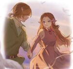 1boy 1girl bird blonde_hair blue_eyes blurry breasts chinese_commentary commentary_request dress elbow_gloves film_grain flower gloves green_tunic hair_flower hair_ornament holding_hands link long_dress medium_breasts orange_hair pink_dress pink_gloves pointy_ears princess_zelda short_ponytail signature the_legend_of_zelda the_legend_of_zelda:_ocarina_of_time yun_(dl2n5c7kbh8ihcx) 