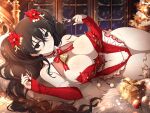  bed_sheet bedroom bell black_eyes black_hair blush breasts christmas christmas_ornaments christmas_present christmas_tree cleavage closed_mouth detached_sleeves flower frills fubuki_(senran_kagura) gift hair_flower hair_ornament highres large_breasts long_hair looking_at_viewer lying nail_polish navel neck_bell night official_art on_bed on_side playing_with_own_hair red_nails ribbon seductive_smile senran_kagura senran_kagura_new_link smile snowing thigh_strap twintails underwear wavy_hair 