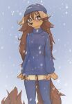 2023 anthro apogee_(tinygaypirate) brown_body brown_fur brown_hair canid canine canis clothed clothing digital_media_(artwork) domestic_dog female floppy_ears fully_clothed fur hair hi_res long_hair looking_at_viewer mammal outside snow snowing solo standing yshanii