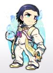  1boy black_hair blue_eyes blue_fire character_name claudio_serafino closed_mouth fire full_body gloves glowing glowing_eye heterochromia highres jacket jewelry kotorai long_sleeves looking_to_the_side male_focus neckerchief necklace pants purple_neckerchief solo tekken white_footwear white_gloves white_jacket white_pants 