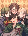  1girl 3boys ^_^ black_hair black_jacket blonde_hair brown_hair closed_eyes facial_hair gift glasses green_hair green_overalls group_hug hair_ornament hairclip hand_on_another&#039;s_shoulder happy happy_birthday happy_tears highres hood hood_down hoodie hug jacket kagerou_project kano_shuuya kido_tsubomi long_hair looking_to_the_side mokemoke_chan multiple_boys purple_eyes purple_hoodie radish seto_kousuke short_hair smile step-siblings tateyama_kenjirou tears yellow_eyes 