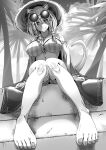  1girl animal_ears arknights bikini breasts dutch_angle eyewear_on_head fake_animal_ears feet greyscale hat highres jewelry micro_bikini monochrome navel necklace outdoors sitting smile solo sun_hat swimsuit tail utage_(arknights) utage_(summer_flowers)_(arknights) zonberu_tsukiji 