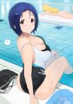  ? ahoge blonde_hair blush breasts cleavage competition_swimsuit highres hitodama_(madatohi) hoshii_miki idolmaster idolmaster_(classic) idolmaster_million_live! large_breasts looking_at_viewer looking_back miura_azusa one-piece_swimsuit pool poolside short_hair soaking_feet solo_focus spoken_question_mark swim_cap swim_goggles swimsuit two-tone_one-piece_swimsuit 