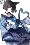  1girl absurdres animal_ears black_choker black_eyes black_hair black_nails black_sailor_collar black_skirt blue_archive blue_halo blue_neckerchief cat&#039;s_cradle cat_ears cat_tail choker closed_mouth fingernails halo haori highres japanese_clothes kikyou_(blue_archive) long_sleeves looking_at_viewer multiple_tails nail_polish neckerchief pleated_skirt sailor_collar school_uniform serafuku short_hair simple_background skirt solo tail two_tails white_background youik16 