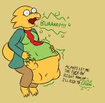 abdominal_bulge alphys anthro belly big_belly big_breasts bodily_fluids breasts buckteeth burping cheezeezy claws clothed clothing deltarune digital_media_(artwork) dinosaur dragon duo english_text eyewear female forced fully_inside glasses humanoid lizard non-mammal_breasts open_mouth reptile scalie scared simple_background size_difference soft_vore struggling student susie_(deltarune) tail teacher teacher_and_student teeth text tongue undertale undertale_(series) unwilling_prey unwilling_vore vore willing_prey yellow_body