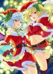  2girls alto2019 bat_wings blonde_hair blue_hair capelet christmas color_ink_(medium) flandre_scarlet fur-trimmed_capelet fur_trim green_ribbon hair_ribbon hat highres marker_(medium) multiple_girls neck_ribbon red_eyes remilia_scarlet ribbon sample_watermark santa_costume santa_hat touhou traditional_media watermark wings 