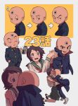  1girl 3boys bald belt black_footwear black_jacket black_pants brown_eyes character_request expressions eyelashes facial_hair gakuran green_skirt hands_in_pockets height_difference hige_oyaji highres jacket jacket_on_shoulders kiss long_sleeves maiko_(setllon) mitsume_ga_tooru multiple_boys mustache old old_man open_mouth pants pleated_skirt school_uniform sharaku_hosuke short_hair skirt socks third_eye translation_request wato_chiyoko white_footwear white_socks 