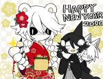  1girl 2020 2boys animal_ears bear_ears bear_girl bear_paws black_hair black_kimono black_sclera braid cigarette colored_sclera colored_skin fang fins floral_background flower fox_boy funamusea hair_flower hair_ornament happy_new_year holding holding_cigarette ice_scream idate_(ice_scream) japanese_clothes kimono multicolored_hair multiple_boys no_mouth open_mouth orca_boy ppop_csillag red_flower red_kimono rocma_(ice_scream) shirogane_(ice_scream) sweatdrop two-tone_hair white_eyes white_hair white_skin 