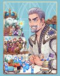  beard blue_background blue_eyes cake cape coat colored_skin disney doll facial_hair flower food grey_hair highres looking_at_another male_focus mature_male momochi_(bmbmomomo) rose short_hair smile solo_focus teeth thick_eyebrows white_cape white_coat white_flower white_rose white_skin wish_(disney) 