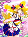  alternate_costume arm_up blonde_hair blue_skirt blush brown_eyes character_name cheerleader cure_honey english hair_ornament happinesscharge_precure! heart long_hair magical_girl multicolored multicolored_clothes multicolored_skirt oomori_yuuko pom_poms popcorn_cheer precure ruriruri skirt smile solo twintails wrist_cuffs 