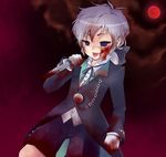  1boy blood bloody_clothes blue_eyes child cloud clouds gloves jacket knife male male_focus moon necktie night oginy para-sol ponytail shirt shorts sky solo tongue tongue_out watch white_hair yandere yatabe_sham 