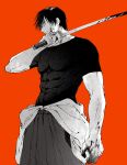  1boy abs blood blood_on_face blood_on_hands blood_on_weapon covered_abs cowboy_shot fushiguro_touji highres holding holding_sword holding_weapon jj59u jujutsu_kaisen male_focus red_background short_sleeves skin_tight solo standing sword weapon 