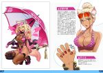  1girl alternate_hairstyle animal_ears animal_print bare_shoulders bikini black_leotard blonde_hair blush breasts brown_thighhighs cleavage collarbone covered_navel dark-skinned_female dark_skin elbow_gloves energy_wings eyewear_on_head fate/grand_order fate_(series) fox_ears fox_girl fox_tail gloves gradient_hair hair_bun high_heels highleg highleg_leotard jewelry katana large_breasts leopard_print leotard long_hair looking_at_viewer multicolored_hair multiple_views nail_polish necklace open_mouth parasol pink_bikini pink_gloves pink_hair pink_leotard race_queen see-through see-through_cleavage sidelocks single_hair_bun smile squatting sunglasses suzuka_gozen_(fate) suzuka_gozen_(swimsuit_rider)_(fate) suzuka_gozen_(swimsuit_rider)_(first_ascension)_(fate) suzuka_gozen_(swimsuit_rider)_(second_ascension)_(fate) swimsuit sword tail takenoko_seijin tan tassel thighhighs translation_request umbrella weapon yellow_eyes 