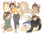2023 anthro blep brown_hair canid canine clothed clothing countershade_torso countershading digital_media_(artwork) female fully_clothed fur green_eyes hair hi_res legs_up lying mammal midriff multiple_poses on_front pawpads pink_pawpads plushie pose simple_background sitting solo standing tan_body tan_fur tongue tongue_out white_background yshanii
