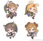  4boys animal_ears blonde_hair blue_eyes brown_hair bunny_hood_(zelda) champion&#039;s_tunic_(zelda) chinese_commentary commentary_request dog dog_tail frown green_headwear green_tunic hat holding holding_shield holding_sword holding_weapon kemonomimi_mode link male_focus master_sword multiple_boys multiple_persona open_mouth pointy_ears round_teeth serious shield smile striped_tail sword tail teeth the_legend_of_zelda the_legend_of_zelda:_breath_of_the_wild the_legend_of_zelda:_ocarina_of_time the_legend_of_zelda:_skyward_sword the_legend_of_zelda:_twilight_princess weapon wolf_ears wolf_tail young_link yun_(dl2n5c7kbh8ihcx) 