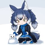  1girl animal_ears blue_hair boots ce_bluelizard coat dire_wolf_(kemono_friends) dress extra_ears gloves grey_eyes highres kemono_friends kemono_friends_v_project long_hair pantyhose ribbon scarf simple_background skirt snow snowman solo tail twintails virtual_youtuber wolf_ears wolf_girl wolf_tail 