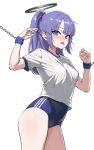  1girl absurdres blue_archive blue_buruma blush breasts buruma chain cowboy_shot gym_shirt gym_uniform halo highres long_hair looking_at_viewer mechanical_halo medium_breasts mr_tangsuyuk open_mouth purple_eyes purple_hair shirt short_sleeves simple_background solo two_side_up white_background white_shirt yuuka_(blue_archive) 